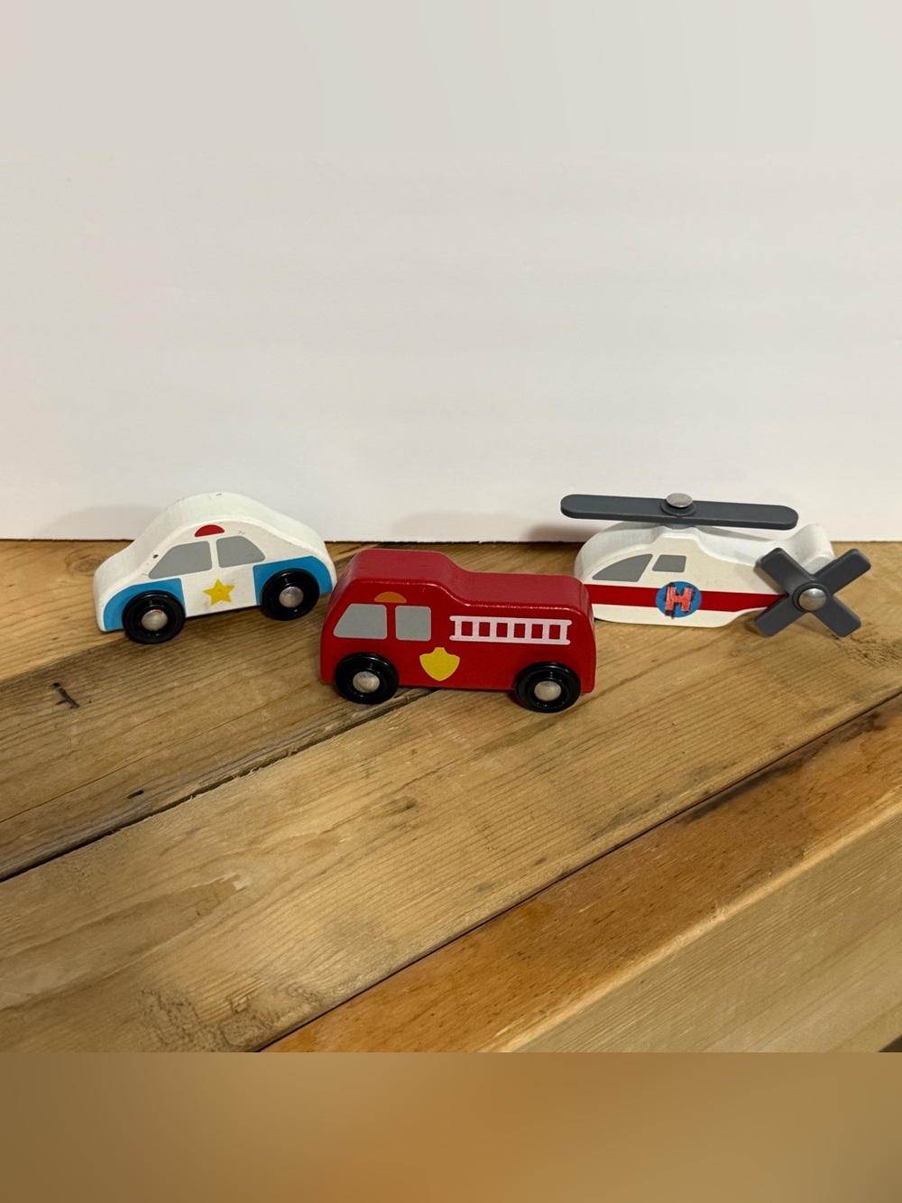 Melissa & Doug Red Fire Truck, White Police Car & White Helicopter Wooden Set